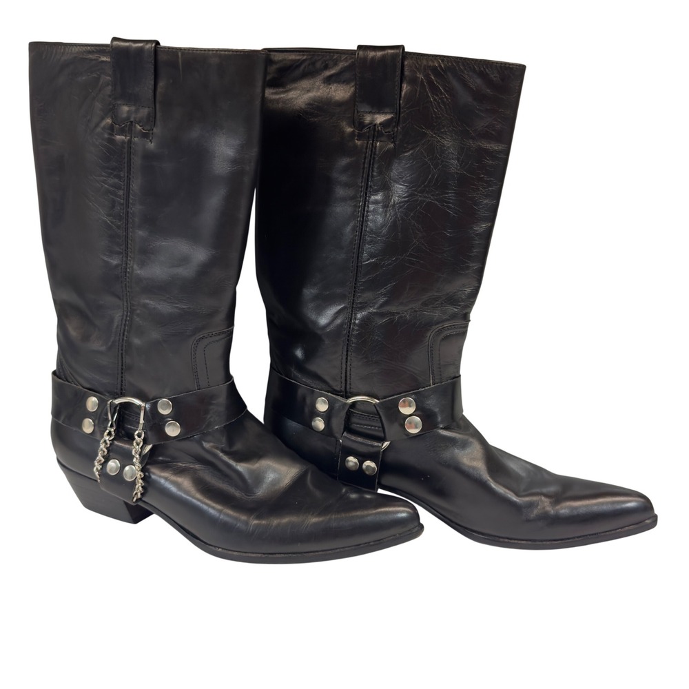 Vintage Charles David 8.5 Black Leather Harness Moto Boots Made Spain Y2K Grunge
